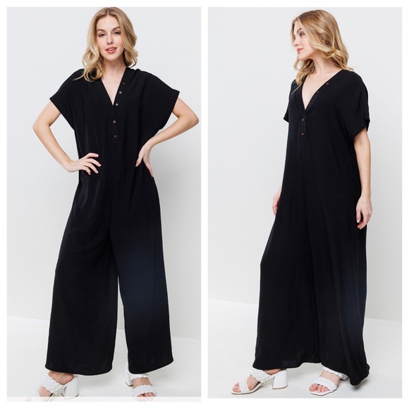 12 Boho Fabulous Short Sleeve Wide Leg Button Front Jumpsuit - Picture 3 of 4